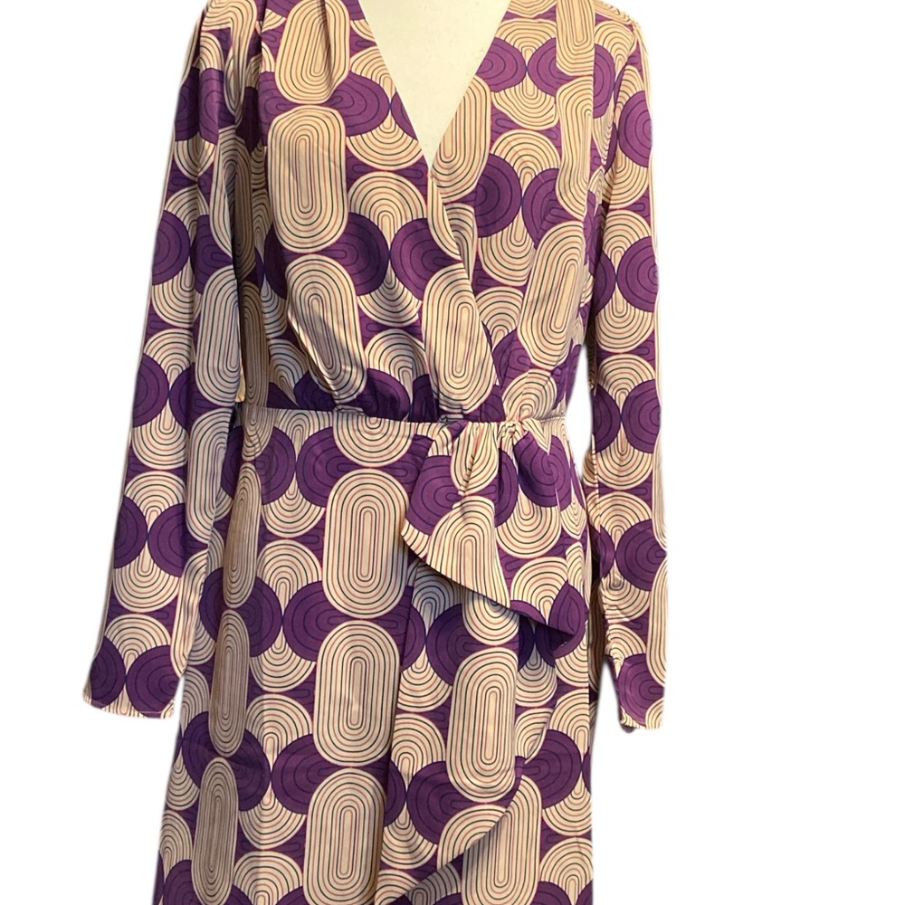 Purple and Cream Long Sleeve Dress with Geometric Print - Picture 2 of 6